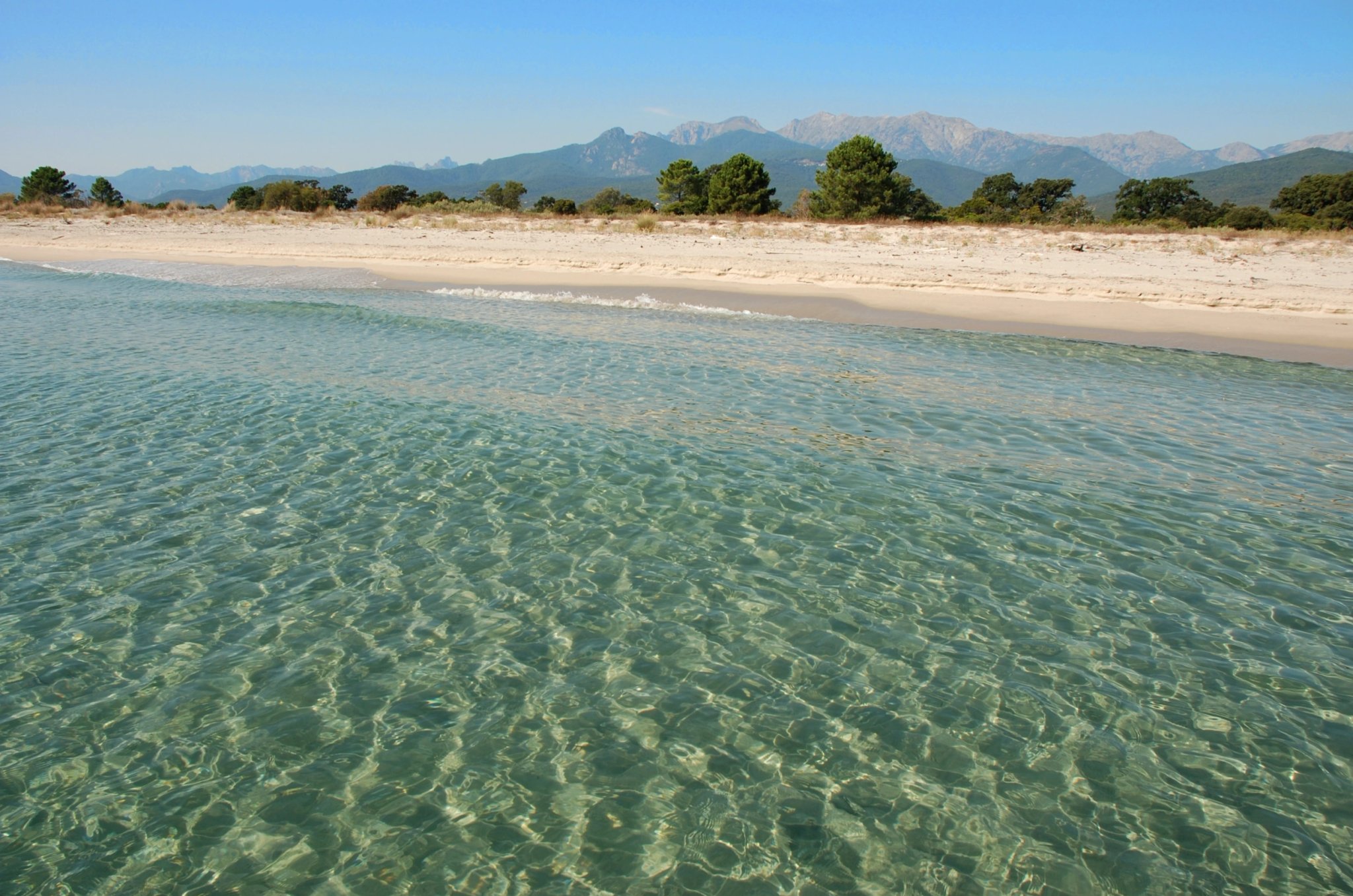Plage cristalline avec montagnes en arrière-plan, idéale pour un séjour à l'hôtel 3 étoiles à Ghisonaccia