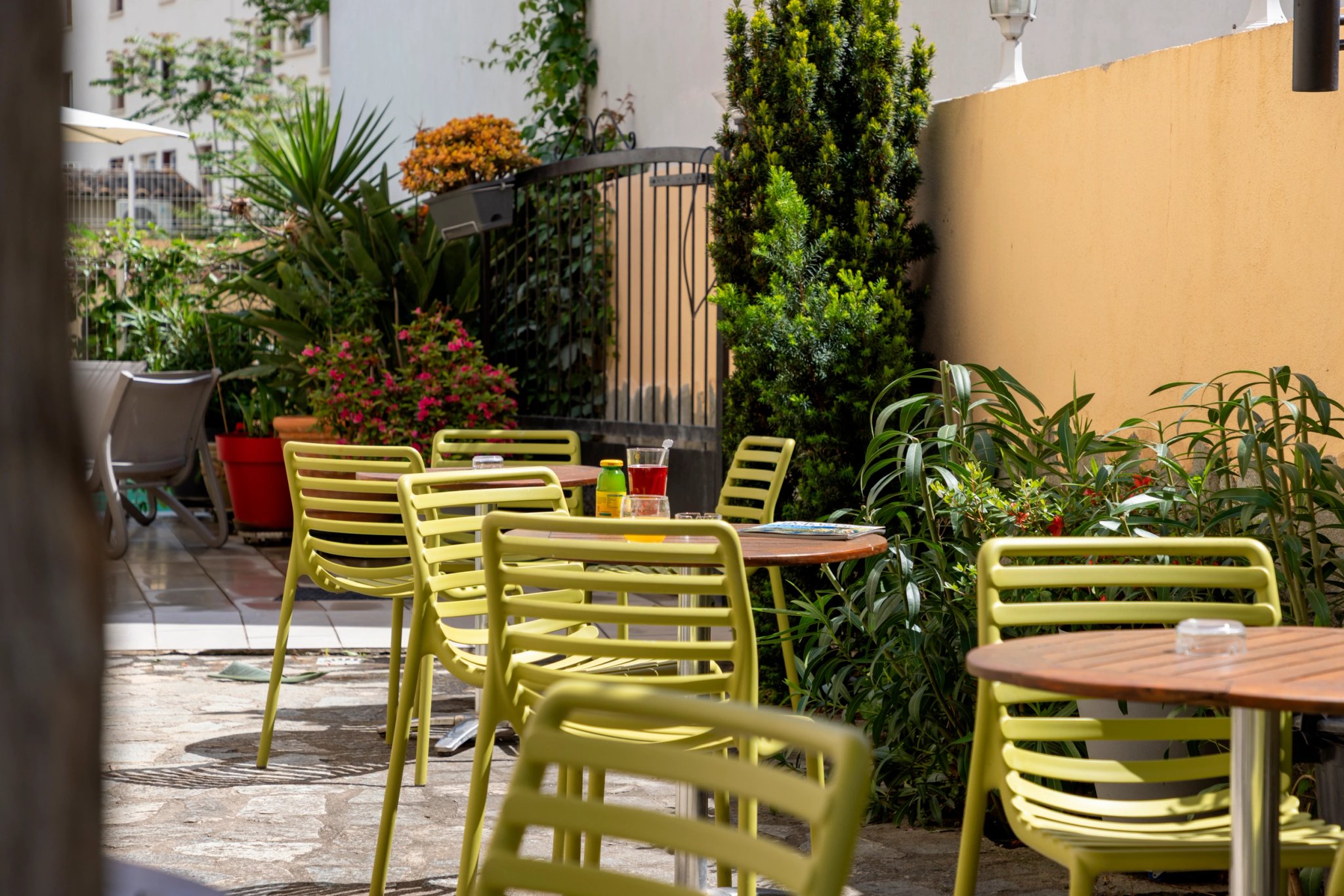 Terrasse de l'Hôtel 3 étoiles à Ghisonaccia avec chaises jaunes et plantes vertes